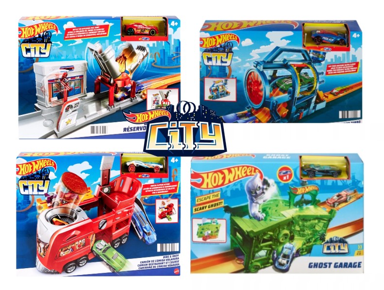HOT WHEELS CITY - PLAYSET + MACCHINIE , 4 Diverse città